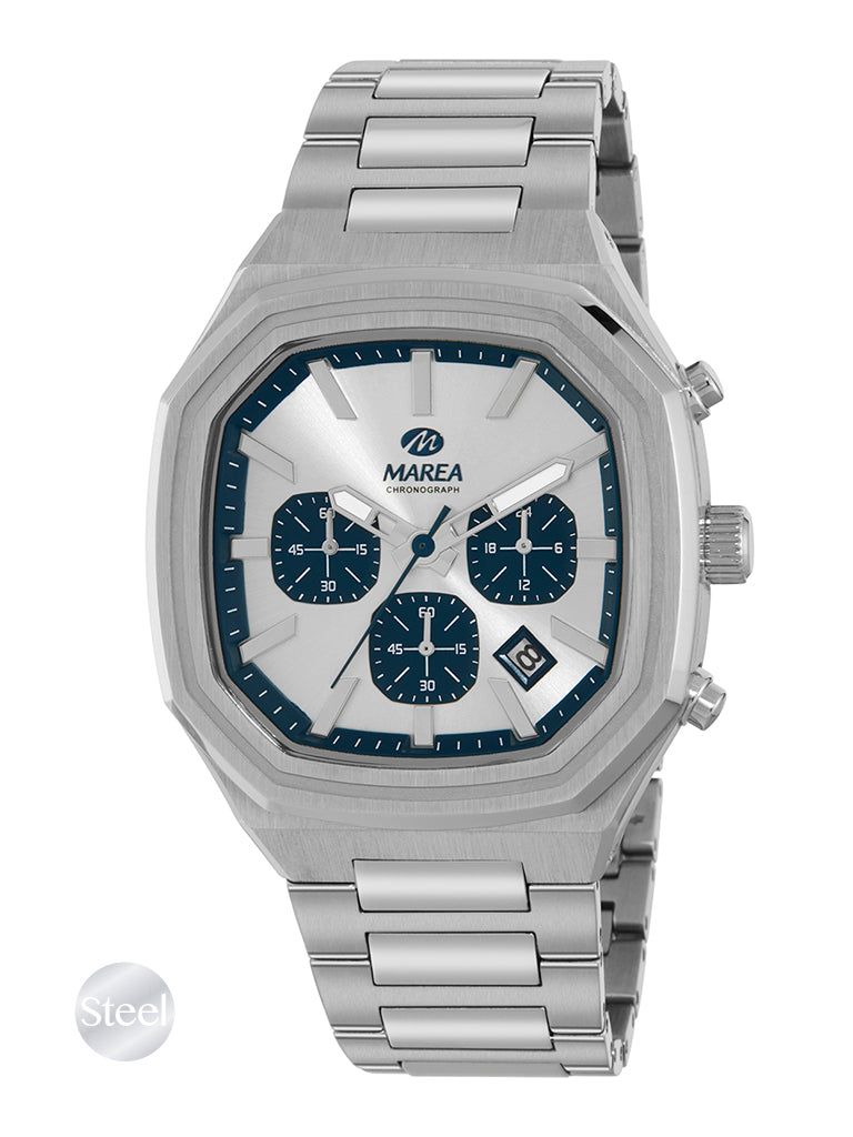 Marea Men's Chronograph Watch – Octagonal Steel Case, Blue Dial, 42 mm