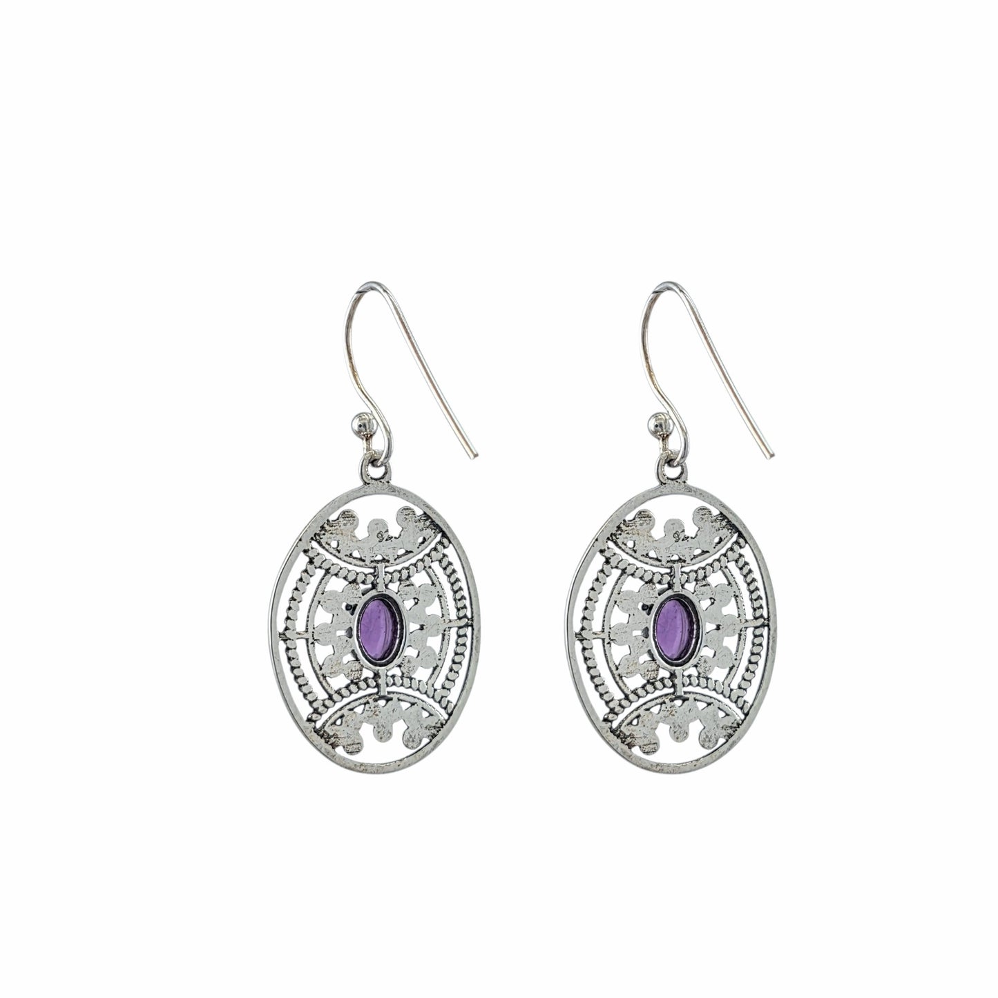 Boucles d'oreilles pendantes ovales en argent sterling avec médaillon filigrane balinais ajouré et cabochon d'améthyste naturelle, 24x20mm, bijoux artisanaux Montréal