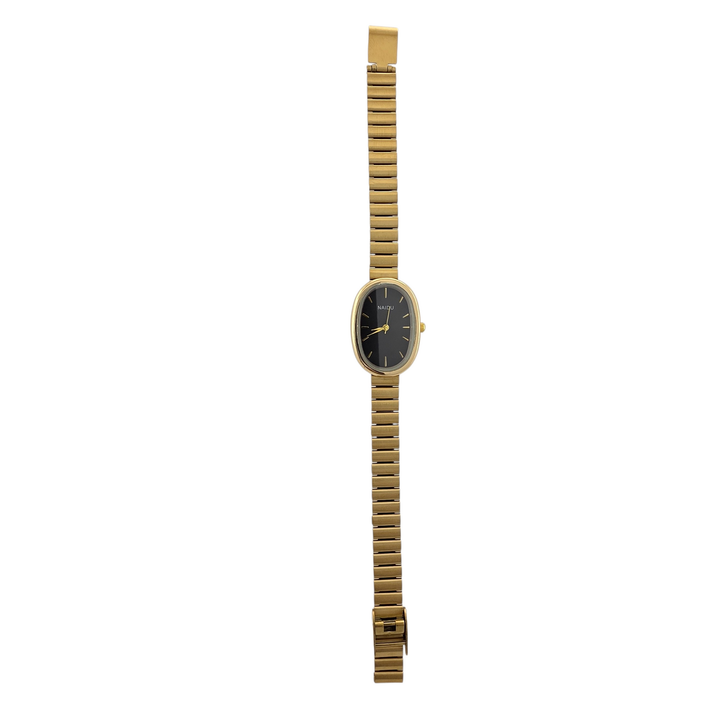 Montre femme ovale dorée cadran noir bracelet extensible doré vintage stretch