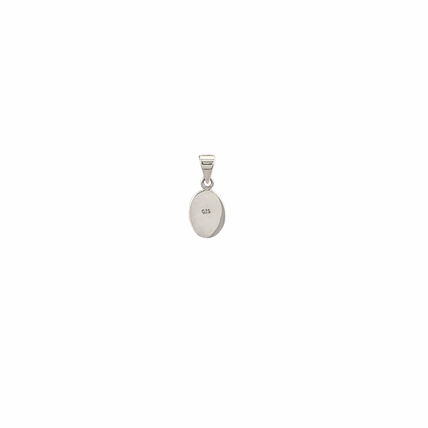 Petit pendentif médaille miraculeuse Vierge Marie en argent sterling 925 oxydé, médaillon ovale gravé avec inscription en bordure, 11x8mm, fond blanc