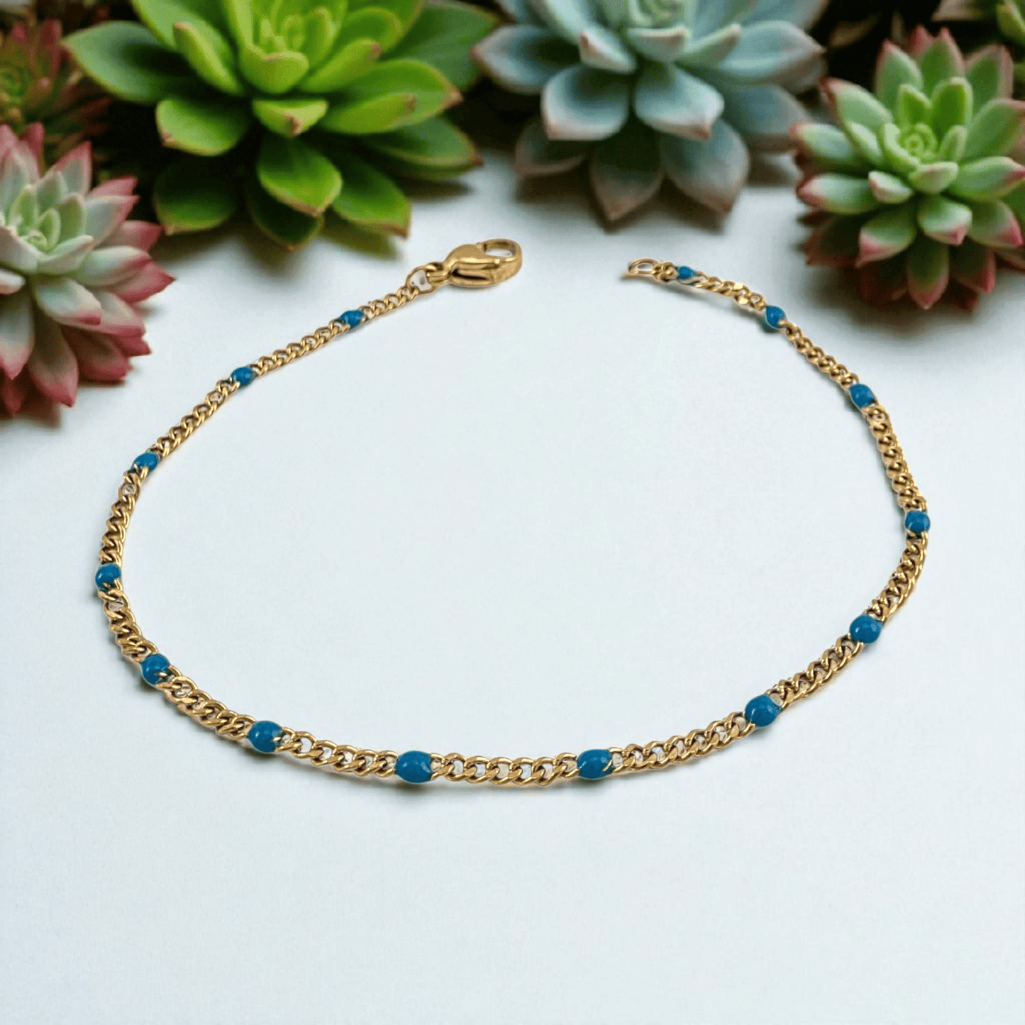 Bracelet chaîne acier doré avec perles bleues - Longueurs 7 et 8 pouces - Alberto Bijoux