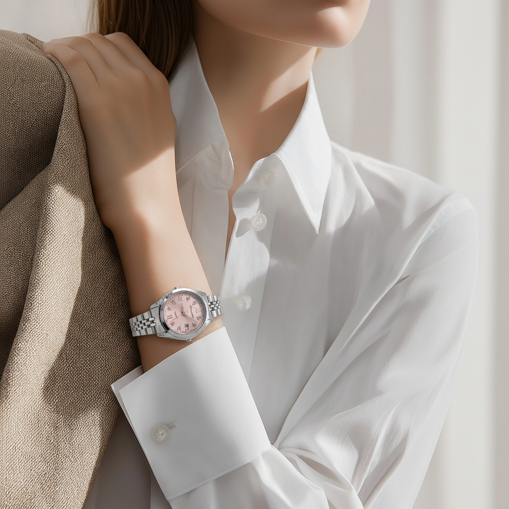 Montre femme tout acier argenté 25mm cadran rose poudré chiffres romains strass bracelet jubilé