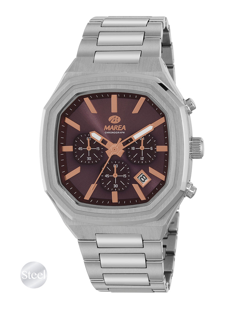 Marea Men's Chronograph Watch – Octagonal Steel Case, Blue Dial, 42 mm