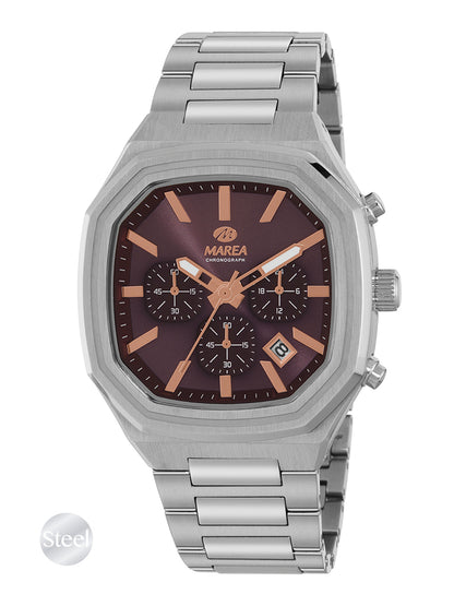 Marea Men's Chronograph Watch – Octagonal Steel Case, Blue Dial, 42 mm