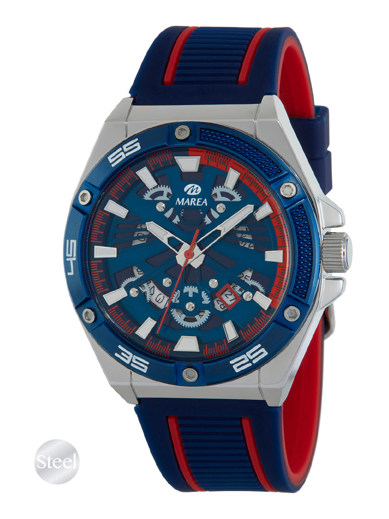 Montre Sport Homme Marea – Acier et Bracelet Silicone Bleu, 43 mm