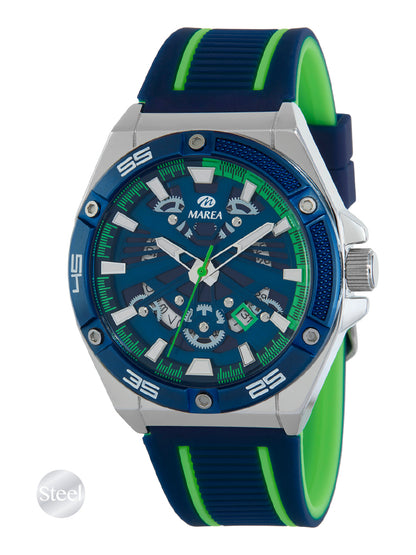 Montre Sport Homme Marea – Acier et Bracelet Silicone Bleu, 43 mm