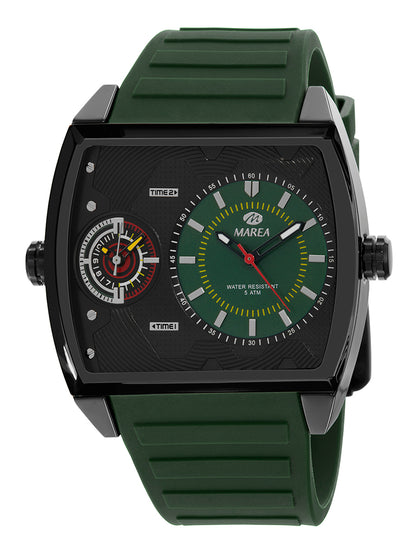 Montre Double Fuseau Horaire Homme Marea – Boîtier Tonneau Doré, Cadran Noir, 40 x 53,5 mm
