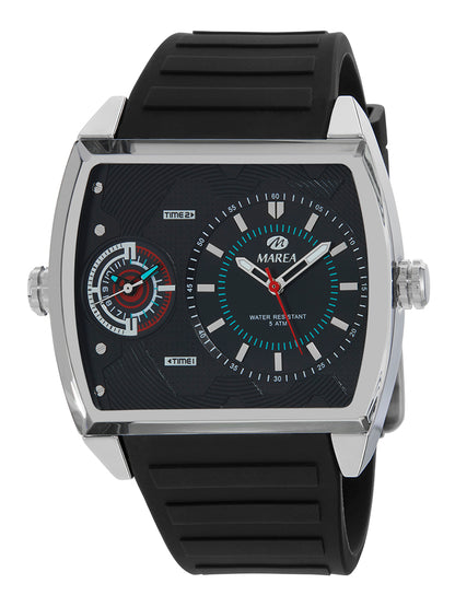 Montre Double Fuseau Horaire Homme Marea – Boîtier Tonneau Doré, Cadran Noir, 40 x 53,5 mm