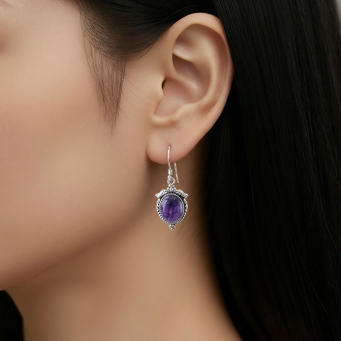 "Angel Wings" Earrings — Natural Amethyst Cabochon & Sterling Silver