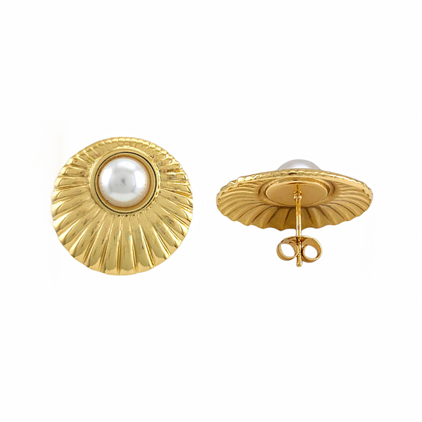 Boucles d’oreilles dorées rondes avec perle blanche au centre, style vintage