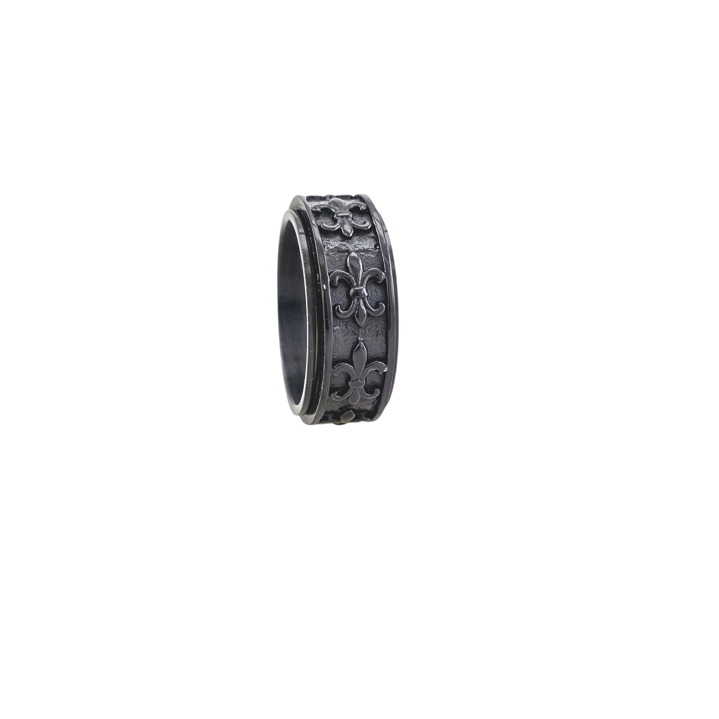 Black Fleur-de-lis Spinner Ring in Stainless Steel – Full Black Edition 
