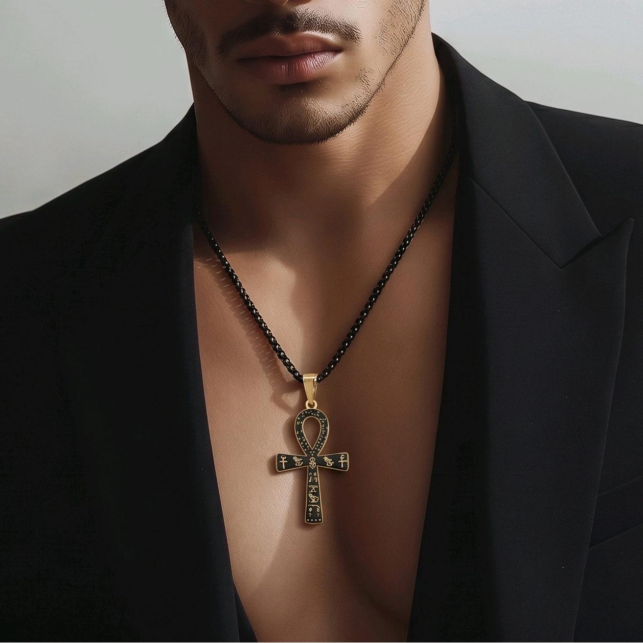 Pendentif Ankh doré avec fond noir et gravures hiéroglyphiques – bijou ésotérique acier inoxydable hypoallergénique