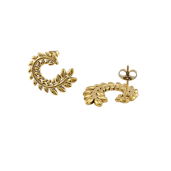 Boucles d’oreilles en arc feuillage doré sur fond blanc
