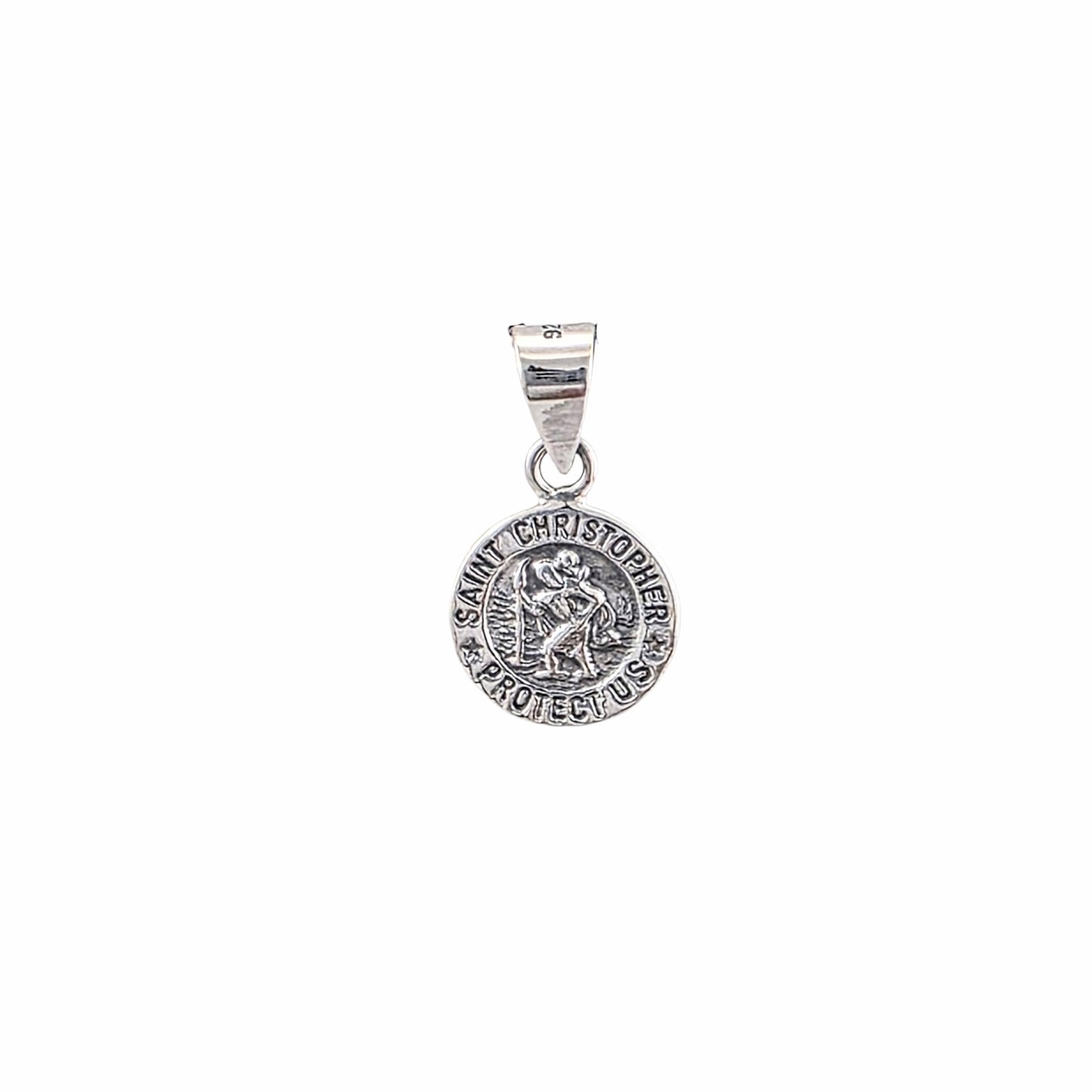 St. Christopher Medal Pendant — Oxidized 925 Sterling Silver | "Protect Us" Engraved, Round Medallion