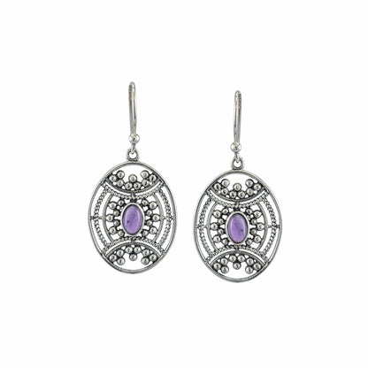 Boucles d'oreilles pendantes ovales en argent sterling avec médaillon filigrane balinais ajouré et cabochon d'améthyste naturelle, 24x20mm, bijoux artisanaux Montréal