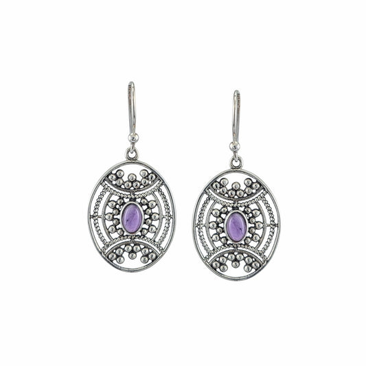 Boucles d'oreilles pendantes ovales en argent sterling avec médaillon filigrane balinais ajouré et cabochon d'améthyste naturelle, 24x20mm, bijoux artisanaux Montréal