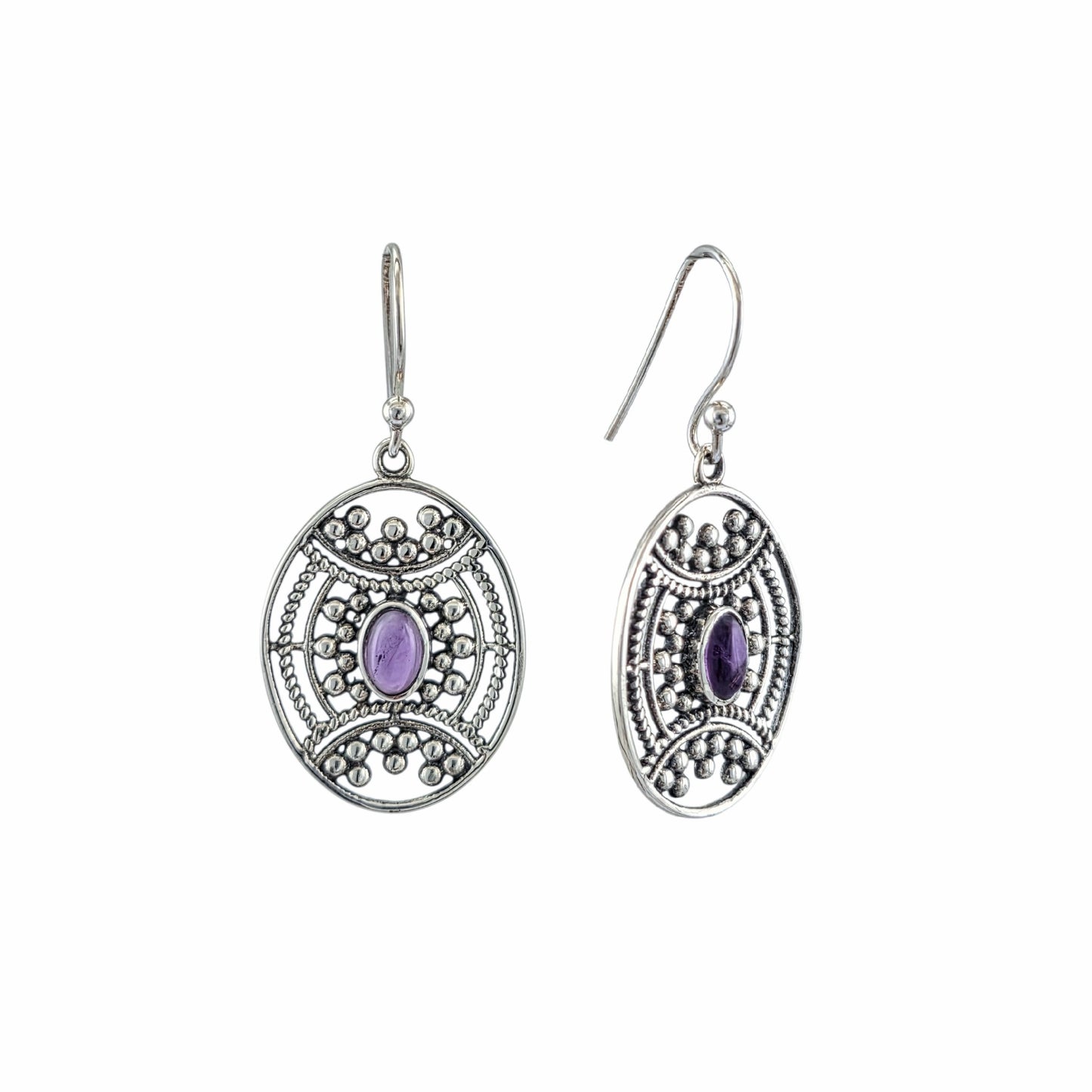 Boucles d'oreilles pendantes ovales en argent sterling avec médaillon filigrane balinais ajouré et cabochon d'améthyste naturelle, 24x20mm, bijoux artisanaux Montréal