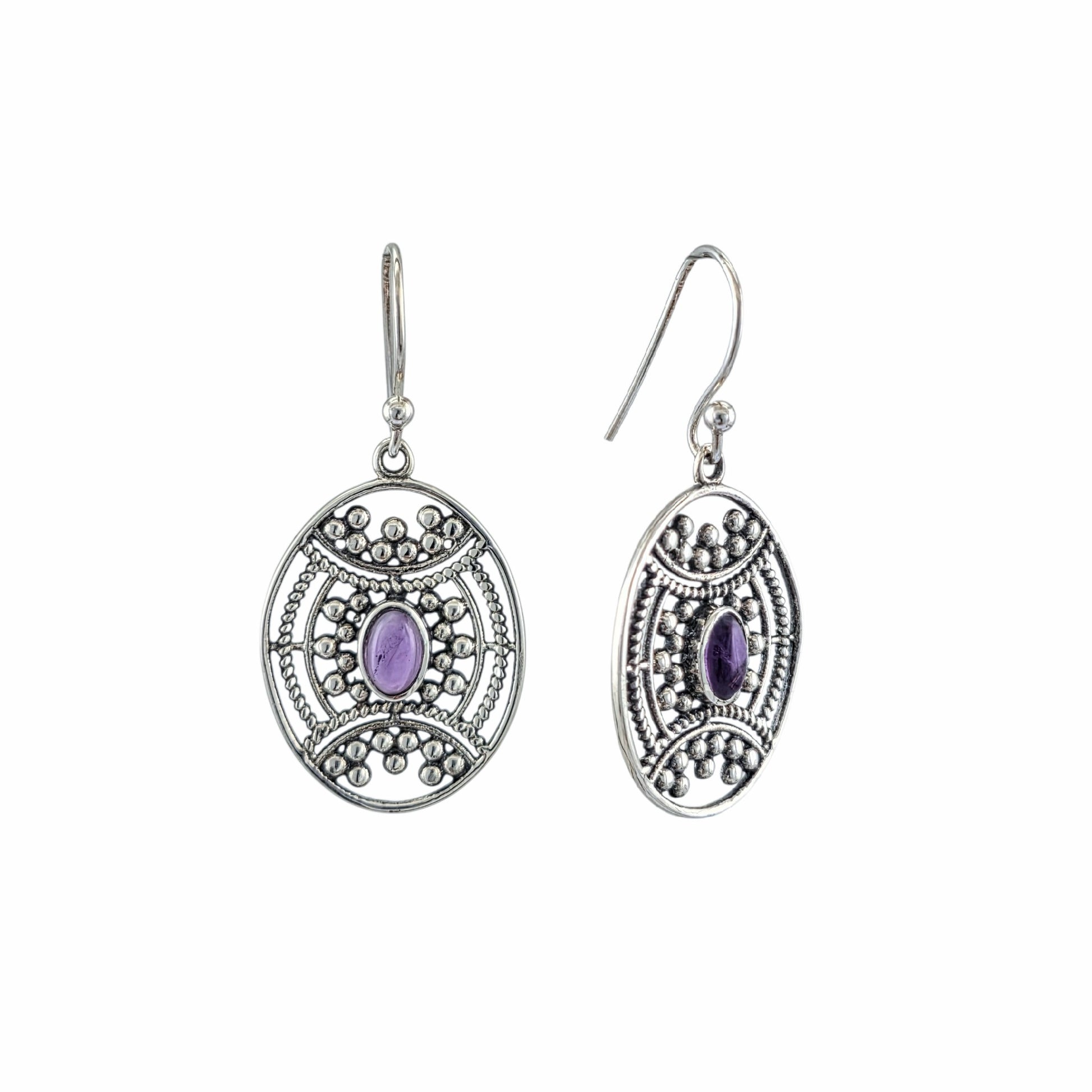 Boucles d'oreilles pendantes ovales en argent sterling avec médaillon filigrane balinais ajouré et cabochon d'améthyste naturelle, 24x20mm, bijoux artisanaux Montréal