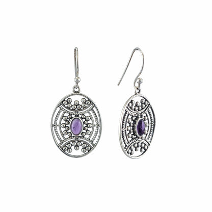Boucles d'oreilles pendantes ovales en argent sterling avec médaillon filigrane balinais ajouré et cabochon d'améthyste naturelle, 24x20mm, bijoux artisanaux Montréal