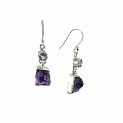 Boucles d'oreilles pendantes en argent sterling avec améthyste brute naturelle et améthyste ronde taillée à facettes, bijoux artisanaux Montréal