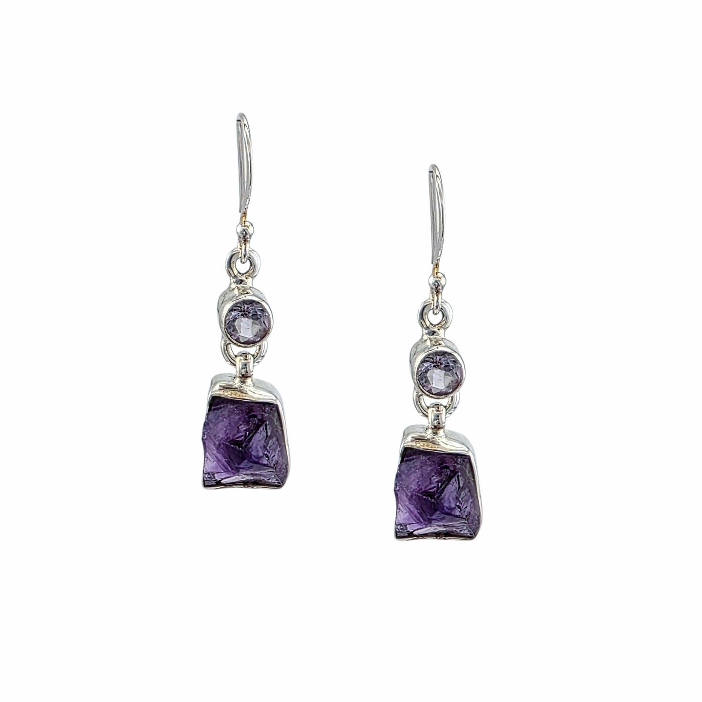 Boucles d'oreilles pendantes en argent sterling avec améthyste brute naturelle et améthyste ronde taillée à facettes, bijoux artisanaux Montréal