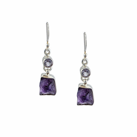 Boucles d'oreilles pendantes en argent sterling avec améthyste brute naturelle et améthyste ronde taillée à facettes, bijoux artisanaux Montréal