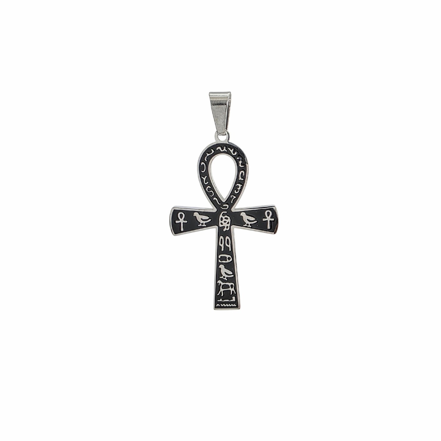 Pendentif Ankh croix de vie égyptienne en acier inoxydable argenté avec hiéroglyphes gravés – Alberto Bijoux Montréal
