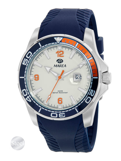 Montre Homme Marea Style Plongée – Acier, Cadran Blanc, Bracelet Silicone, 44 mm