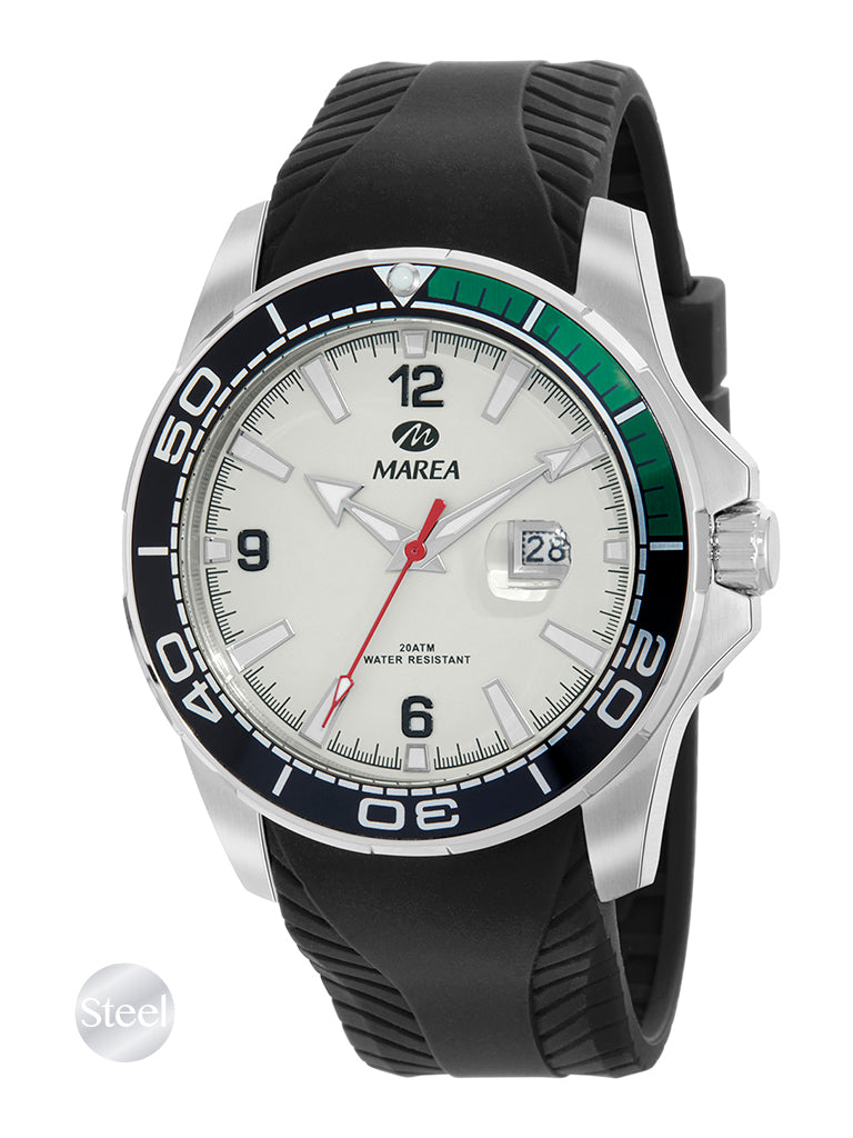 Montre Homme Marea Style Plongée – Acier, Cadran Blanc, Bracelet Silicone, 44 mm