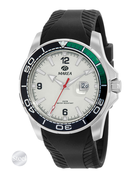 Montre Homme Marea Style Plongée – Acier, Cadran Blanc, Bracelet Silicone, 44 mm