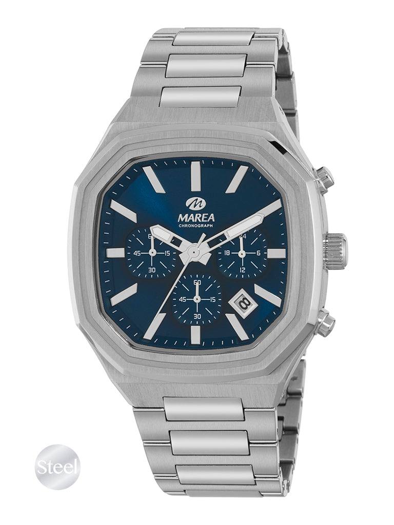 Marea Men's Chronograph Watch – Octagonal Steel Case, Blue Dial, 42 mm