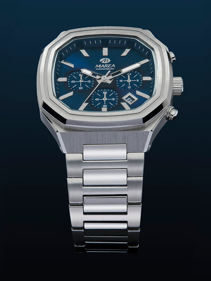 Marea Men's Chronograph Watch – Octagonal Steel Case, Blue Dial, 42 mm