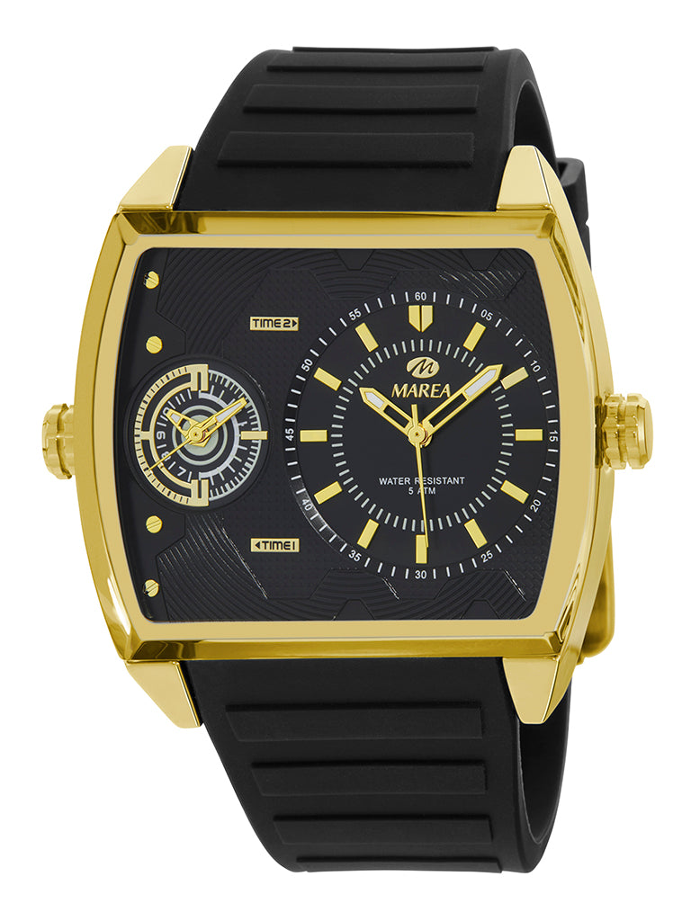 Montre Double Fuseau Horaire Homme Marea – Boîtier Tonneau Doré, Cadran Noir, 40 x 53,5 mm
