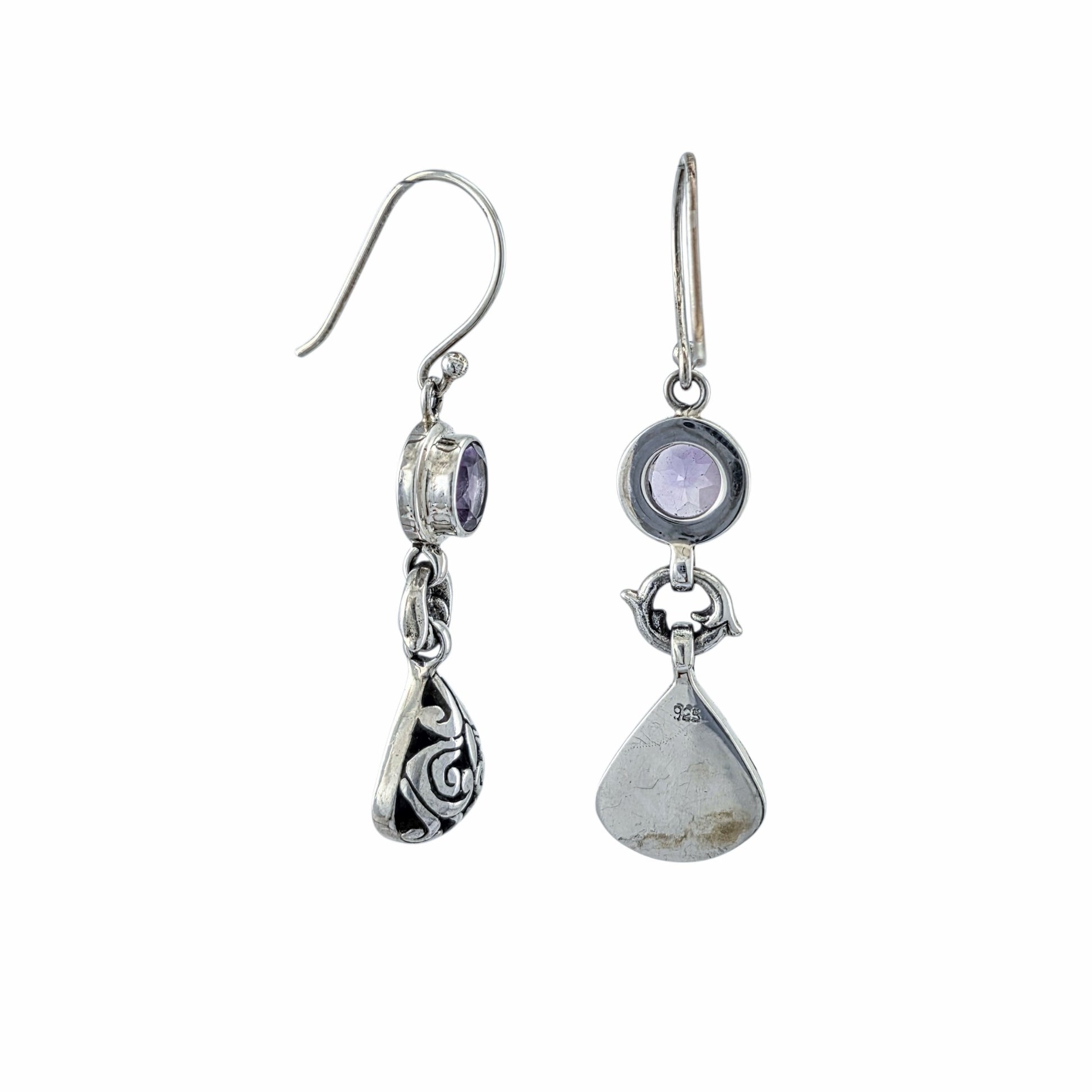 Boucles d'oreilles pendantes deux parties en argent sterling avec améthyste ronde taillée à facettes et pendentif lanterne filigrane balinais gravé, bijoux artisanaux Montréal