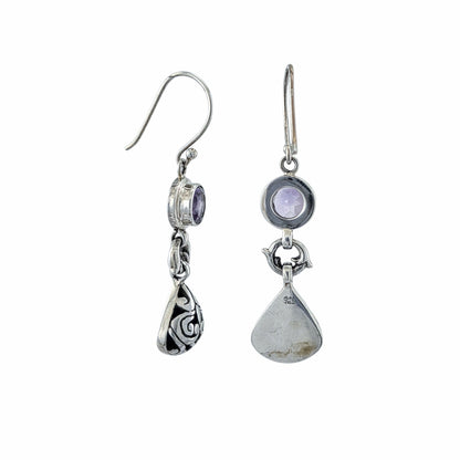 Boucles d'oreilles pendantes deux parties en argent sterling avec améthyste ronde taillée à facettes et pendentif lanterne filigrane balinais gravé, bijoux artisanaux Montréal