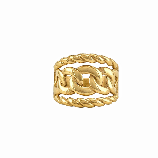 Bague dorée ajourée au motif chaîne large, finition brillante, tailles 6 à 9 - Alberto Bijoux