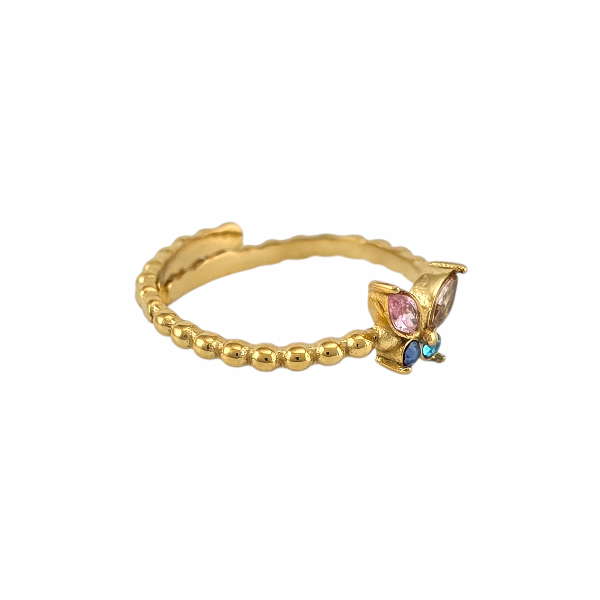 Bague dorée ajustable avec papillon en pierres colorées sur anneau perlé - Alberto bijoux