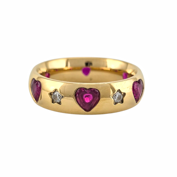 Bague dorée avec cœurs rouges et étoiles claires en zircon, style romantique et magique - Alberto bijoux