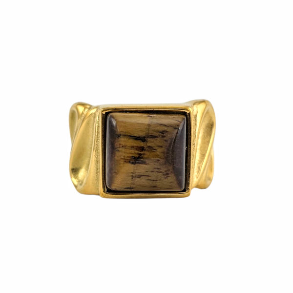 Bague dorée avec pierre œil de tigre rectangulaire, design sculptural et ethnique -Alberto bijoux