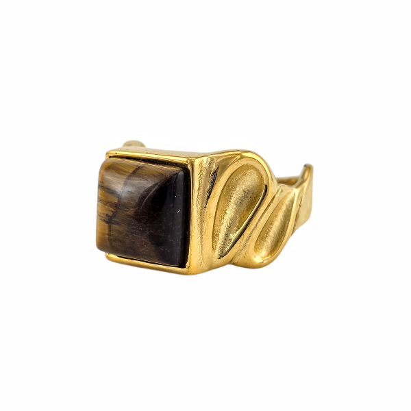 Bague dorée avec pierre œil de tigre rectangulaire, design sculptural et ethnique -Alberto bijoux