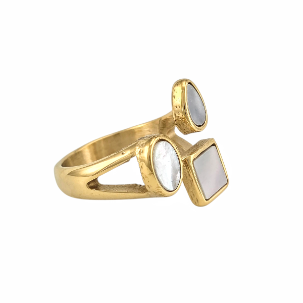 Bague dorée ouverte avec nacres blanches en formes géométriques – tailles 6 à 9 - Alberto bijoux