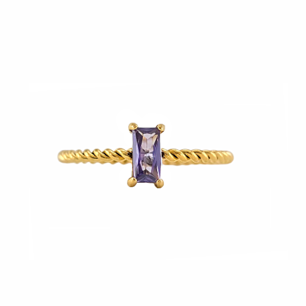 Bague dorée torsadée avec pierre violette rectangulaire taille améthyste - Alberto bijoux