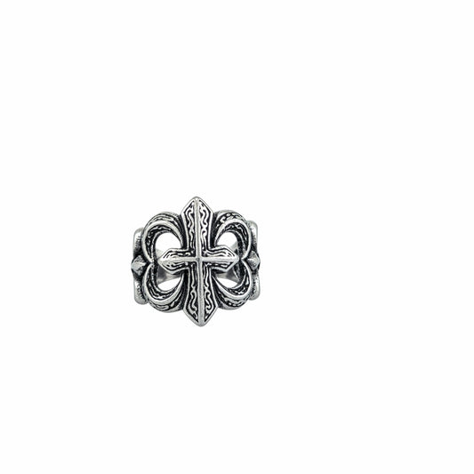 Bague croix fleur-de-lis acier inoxydable gothic statement ring relief oxydé noir
