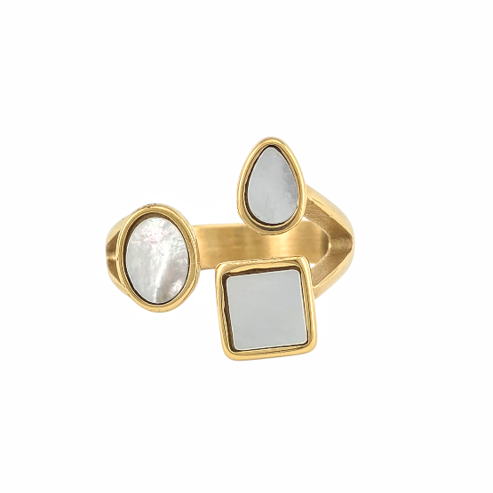 Bague dorée ouverte avec nacres blanches en formes géométriques – tailles 6 à 9