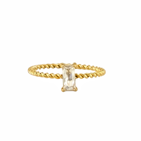 Bague dorée avec pierre zircon rectangulaire claire sur anneau torsadé, tailles 6 à 9 - Alberto bijoux