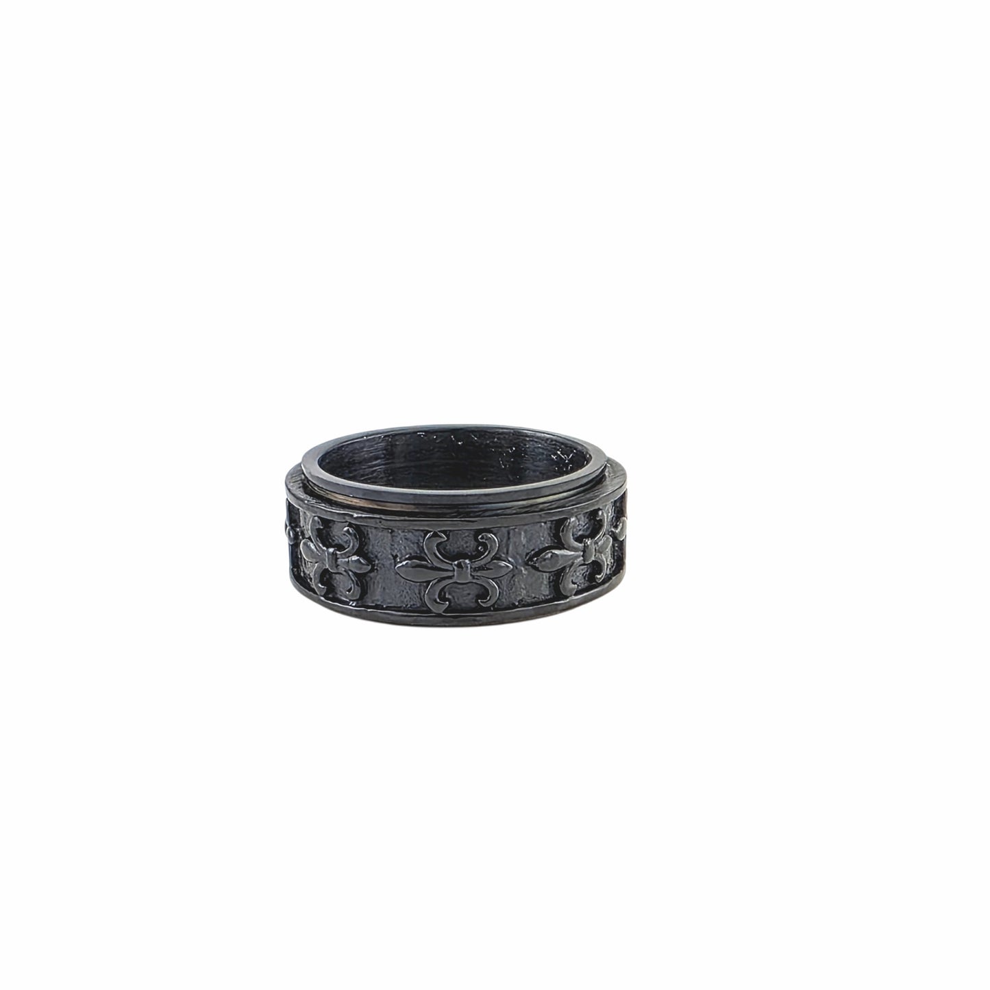 Bague Spinner Noir Fleur-de-lis en Acier Inoxydable – Full Black Edition