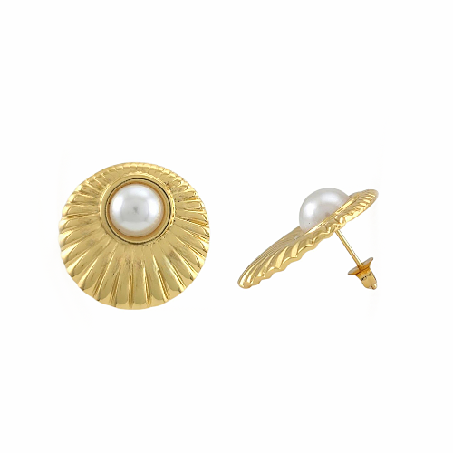 Boucles d’oreilles dorées rondes avec perle blanche au centre, style vintage