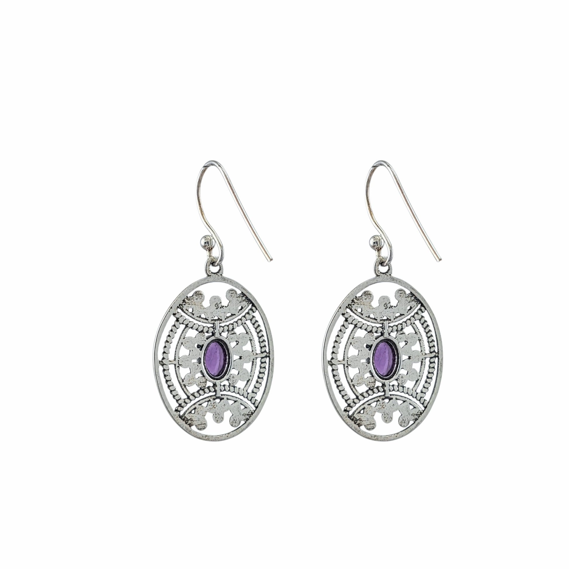 Boucles d'oreilles pendantes ovales en argent sterling avec médaillon filigrane balinais ajouré et cabochon d'améthyste naturelle, 24x20mm, bijoux artisanaux Montréal