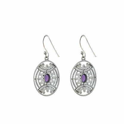Boucles d'oreilles pendantes ovales en argent sterling avec médaillon filigrane balinais ajouré et cabochon d'améthyste naturelle, 24x20mm, bijoux artisanaux Montréal