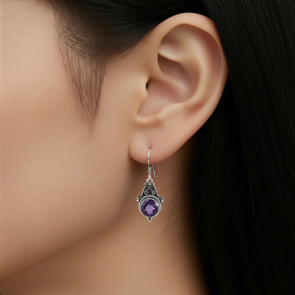 Boucles d'oreilles pendantes en argent sterling avec filigrane balinais et pierre d'améthyste ronde, bijoux artisanaux Montréa